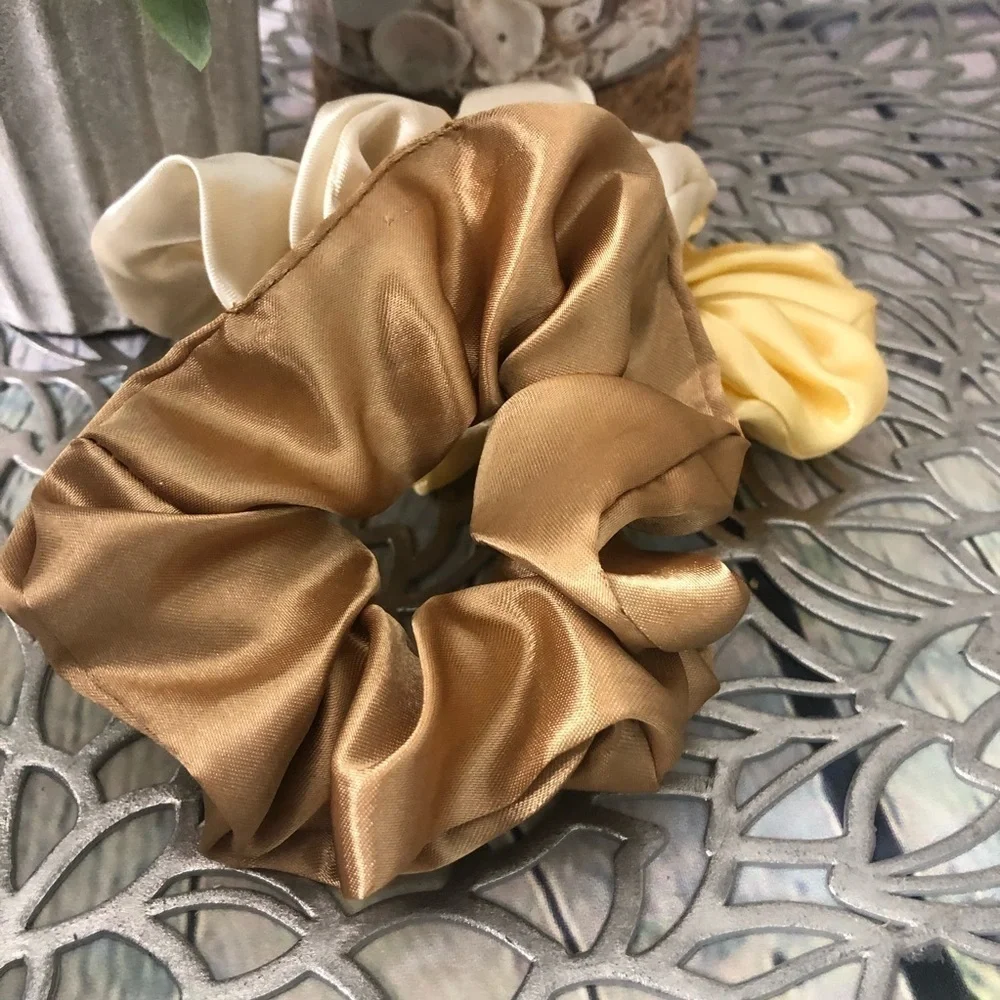 3 New Silk Scrunchies Creme, Tan, Yellow Colors